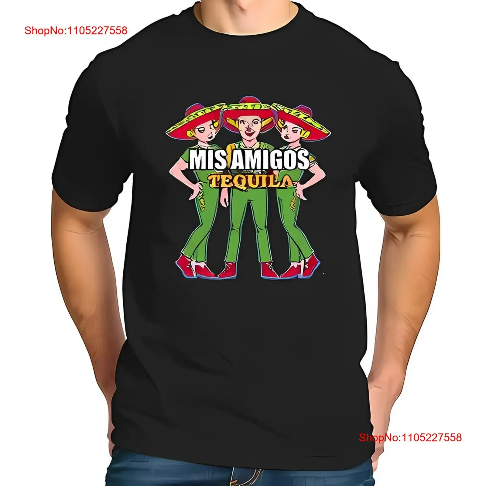 تي شيرت أسود بتصميم عتيق مع 'MIS AMIGOS TEQUILA' متعة عتيقة من القطن بالكامل مغسول كاجوال ممتد قليلاً