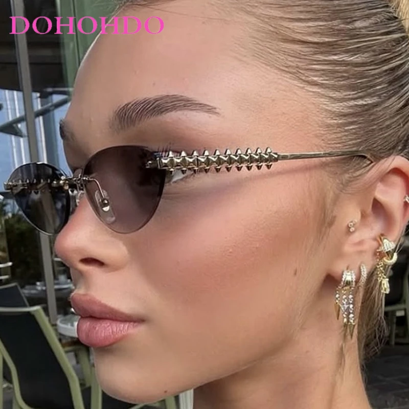 Fashion Designer Rimless Cat Eye Women Sunglasses New Luxury Metal Leg Men Sunglass Outdoor Driving Travel Female Eyewear UV400