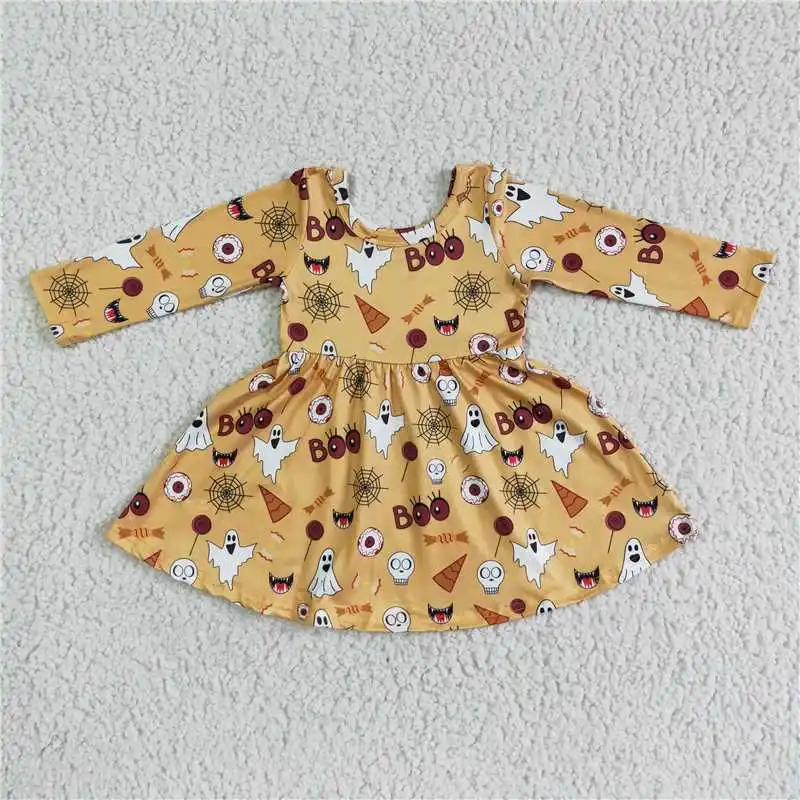 

2022 New Design Wholesale RTS Boo Ghost Print Little Kids Halloween Dresses Children's Clothing Dresses Baby Girls Daily Wearing