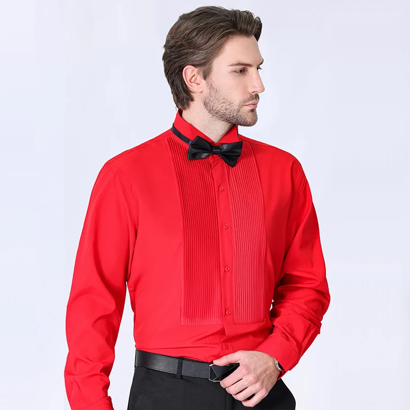 Camisa de vestir francesa para hombre, esmoquin de Color sólido, blanco, azul, negro, rojo, morado y amarillo, decoración plisada a la moda, novedad