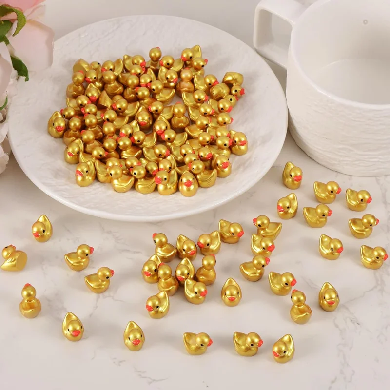 Figuras en miniatura de Mini patos de resina dorados, 100/50 Uds., para micropaisaje de jardín, manualidades DIY, decoración de plantas en macetas para jardín