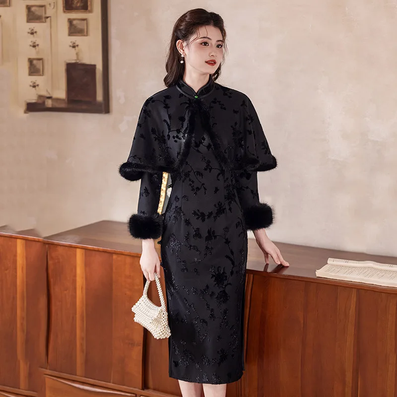 

Черное жаккардовое плотное женское платье Cheongsam на осень и зиму в стиле ретро, новое улучшенное платье в китайском стиле Qipao