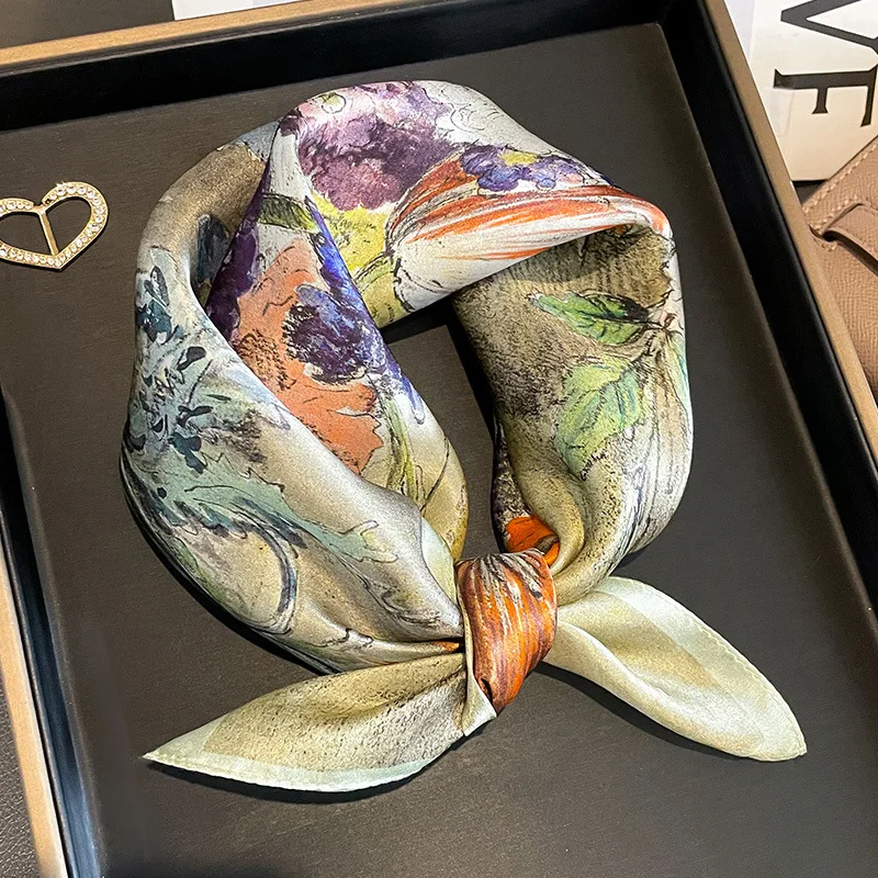 Luxury Brand 100% Natural Silk Scarf Women Design Small Square Shawl Hair Ribbon Headband Fashion Neckerchief Bandana