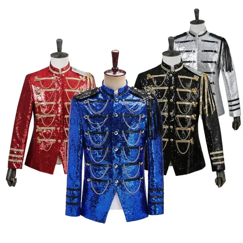 

Black Sequin Coat Steampunk Blazer Stand Collar Fringe Design Blazer Nightclub Costume Party Prom Rock Outfit Blue Stage Clothes