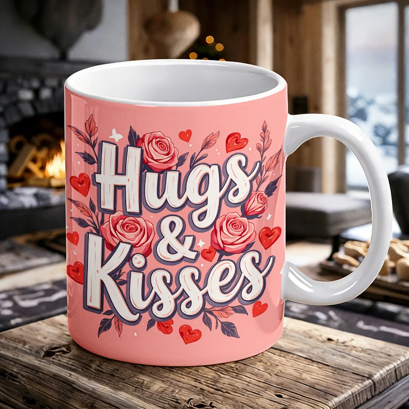 

“Hugs & Kisses” rose floral ceramic cup with handle, creative coffee cup, milk cup,office tea cup, drinking cup,fade-resistant