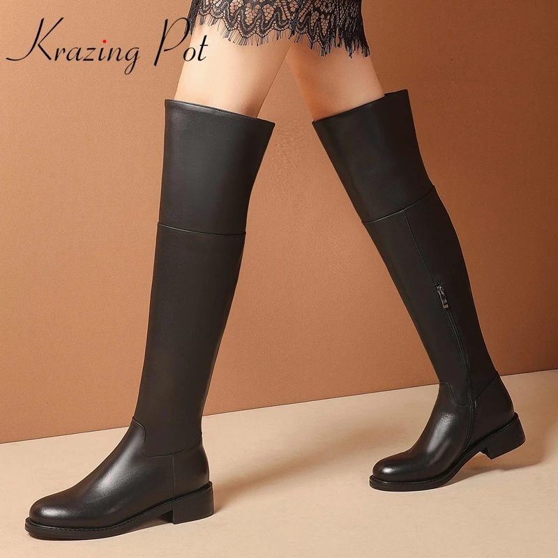 Krazing Pot Big Size 43 Cow Leather Round Toe Med Heel Young Lady Daily Wear Simple Style Classic Black Over-the-knee Boots L52