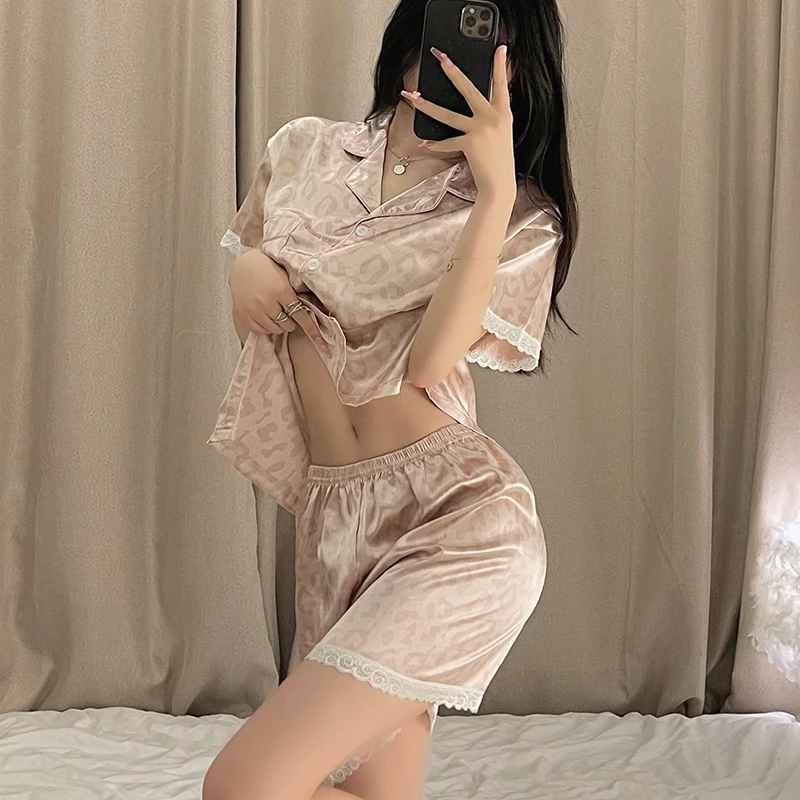 Cartoon Black Cat Cute Women Two-piece Pajamas Simulated Silk Summer Cool Short Lady Sleepwear 2024 New Classic Female Housewear