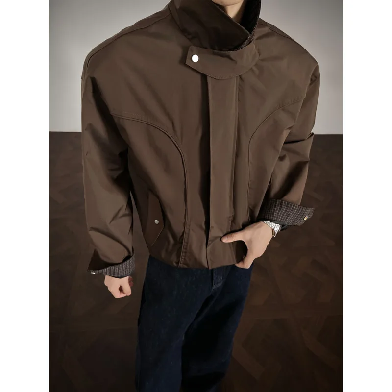 

Brown Jacket Men Fashion Black Casual Plaid Jacket Men Streetwear Korean Loose Bomber Jacket Mens Outwear Jackets Coat M-3XL
