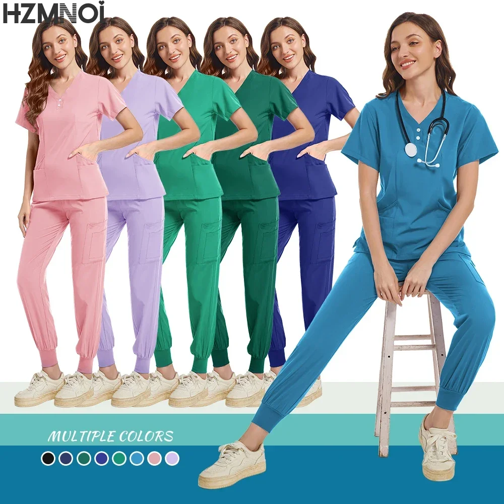 Traje de uniforme médico para mujer, Tops de manga corta con cuello en V + conjunto de pantalones para correr, uniforme para enfermería, ropa de trabajo médica Multicolor para médico de mascotas