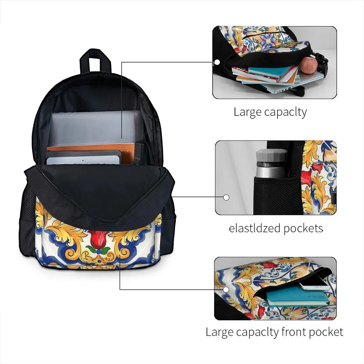 Sicilian Majolica Colourful Floral Flourishes Tile Pattern Backpack Student BookBag Kids School Bag Laptop