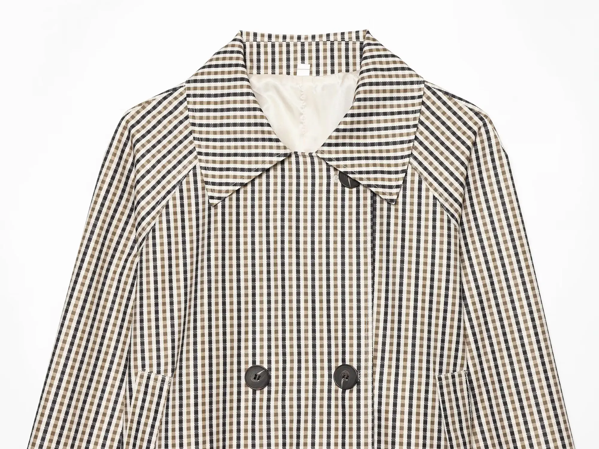 TFMLN Damen-Trenchcoat, kurz geschnitten, schick, mit Revers, doppelreihig, mit Gürtel, lange Ärmel, klassischer Karomuster-Windbreaker. – Detail 4