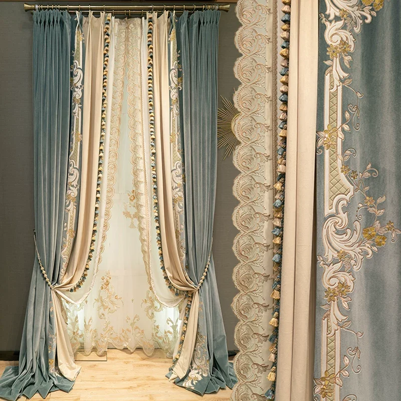 

New French Light Luxury Velvet Embroidered Blackout Curtains for Living Room Bedroom Thickened Elegant European Villa custom