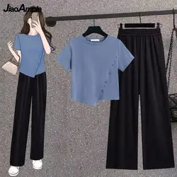 Women's Tracksuit 2024 Summer New Irregular T-Shirt + Sexy High Waist Pants Two Piece Korean Elegant Short Sleeve Trouser Suit