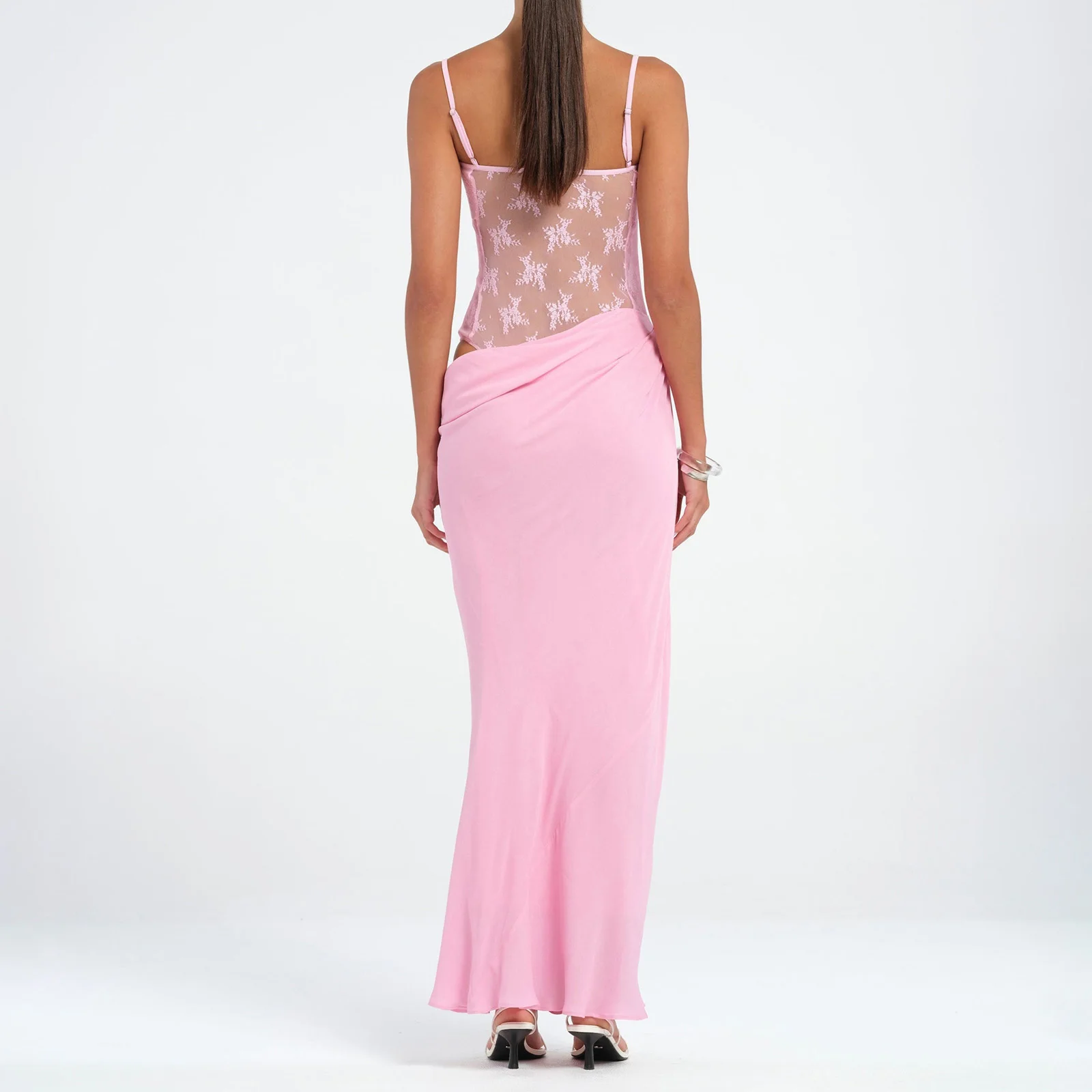 Women Summer Fairycore Patchwork Lace Cami Dress Slim Cut Out Sweetheart Neck Spaghetti Strap Backless Party Club Long Dress