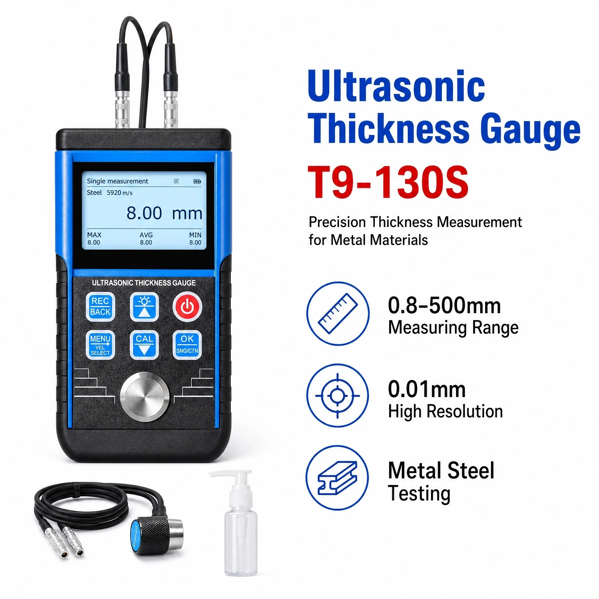 Handheld Ultrasonic Thickness Gauge 0.8‑500mm 0.01mm Resolution Metal Steel Tester Sound Velocity Data Storage Tester