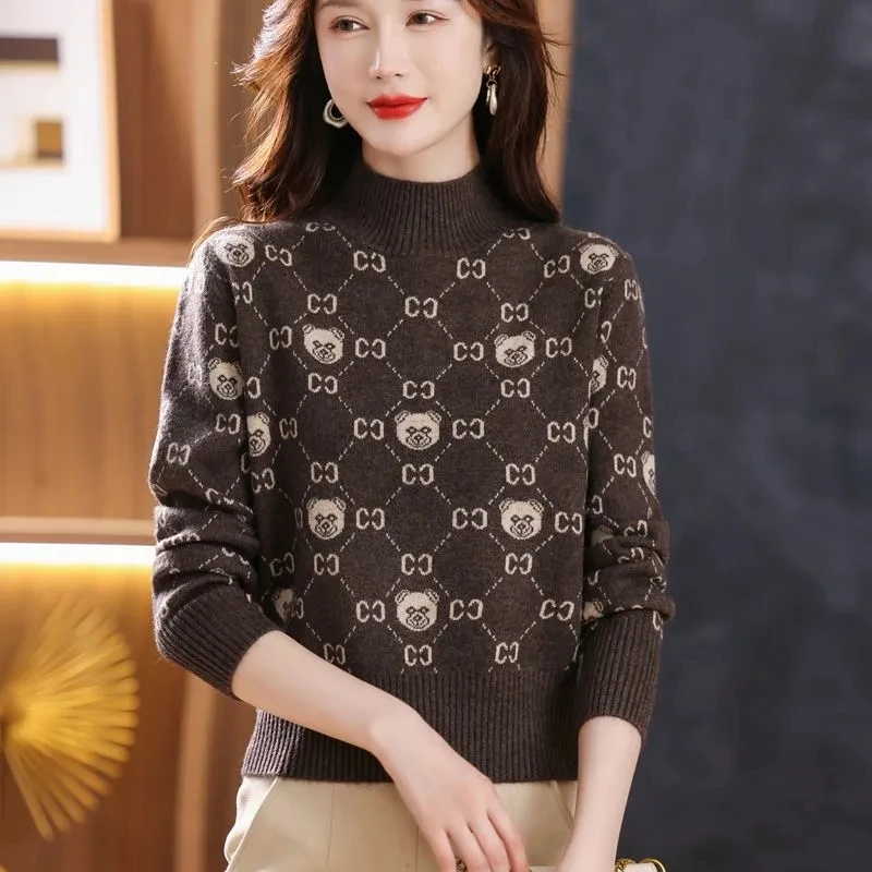 Autumn Winter New Knitted Letter Jacquard Sweaters Women Elegant Cintage Fashion Loose Pullovers Chic Comfortable Knitwear