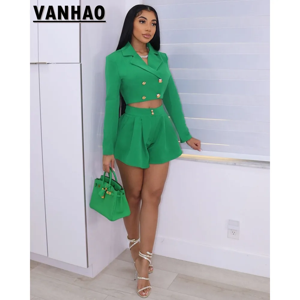 VANHAO Autumn Women'S Long-Sleeved Crop Top Double-Breasted Slim Suit with Short Pants Two-Piece Set Wholesale Dropshipping