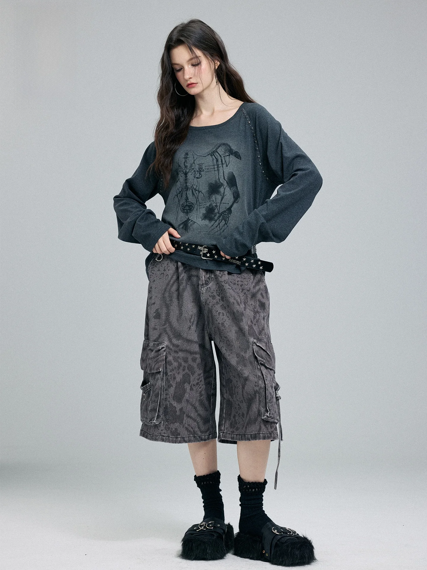 Original Street  Retro Leopard Print Workwear Shorts Washed Five-Point Loose Casual Pants Women's Summer Cotton Jeans