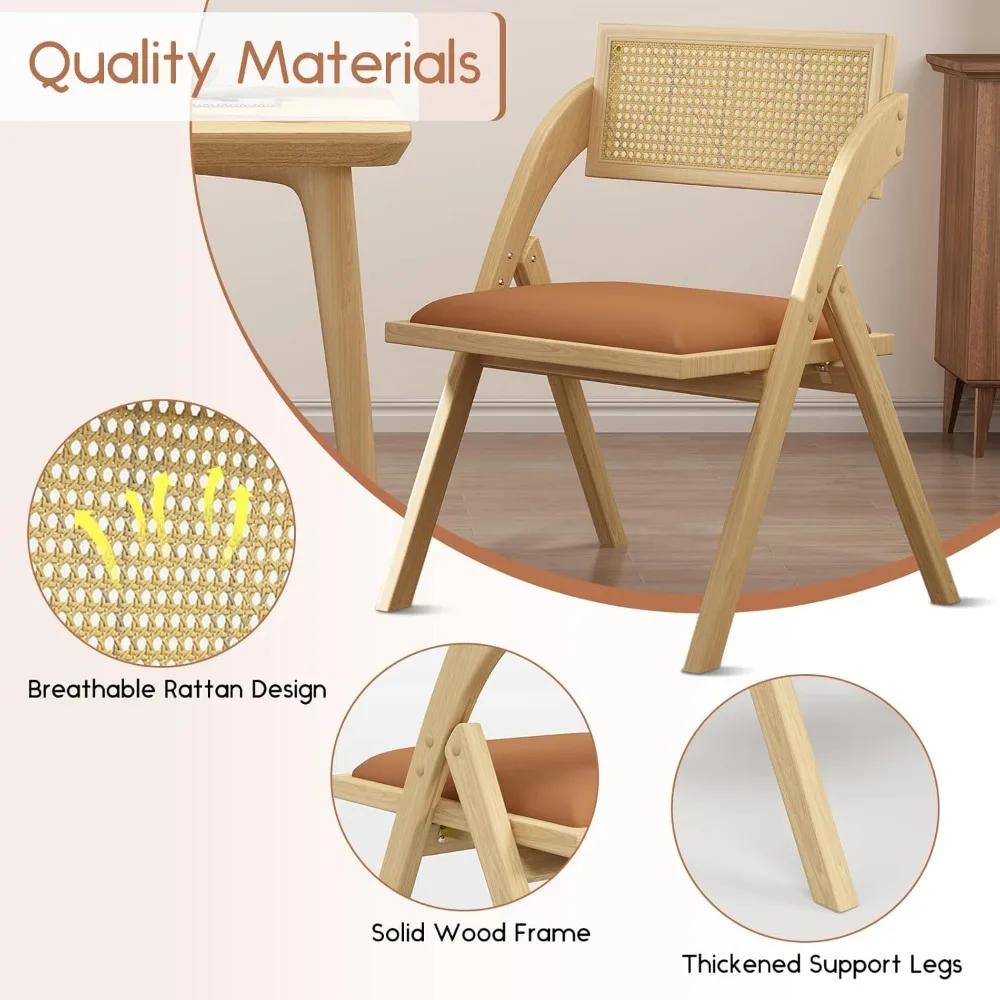 Set di 2 sedie da pranzo pieghevoli, sedie da pranzo pieghevoli in legno, sedie da sala da pranzo moderne in rattan di pelle della metà del secolo con imbottitura