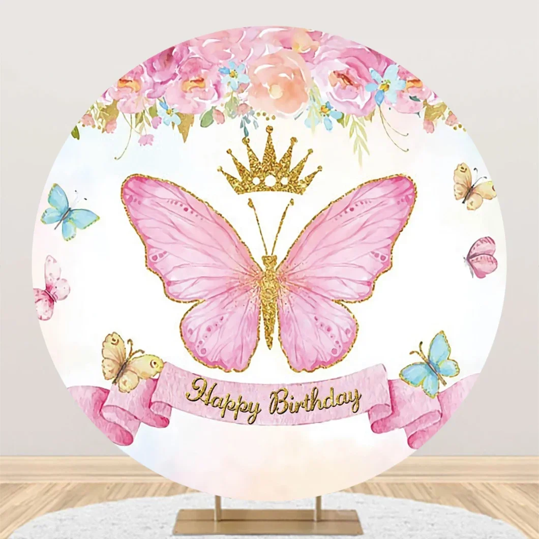 Tableclothsfactory Butterfly Round Backdrop Cover for Photography Pink Flower Princess Girl\'s Circle Happy Birthday Party Banner