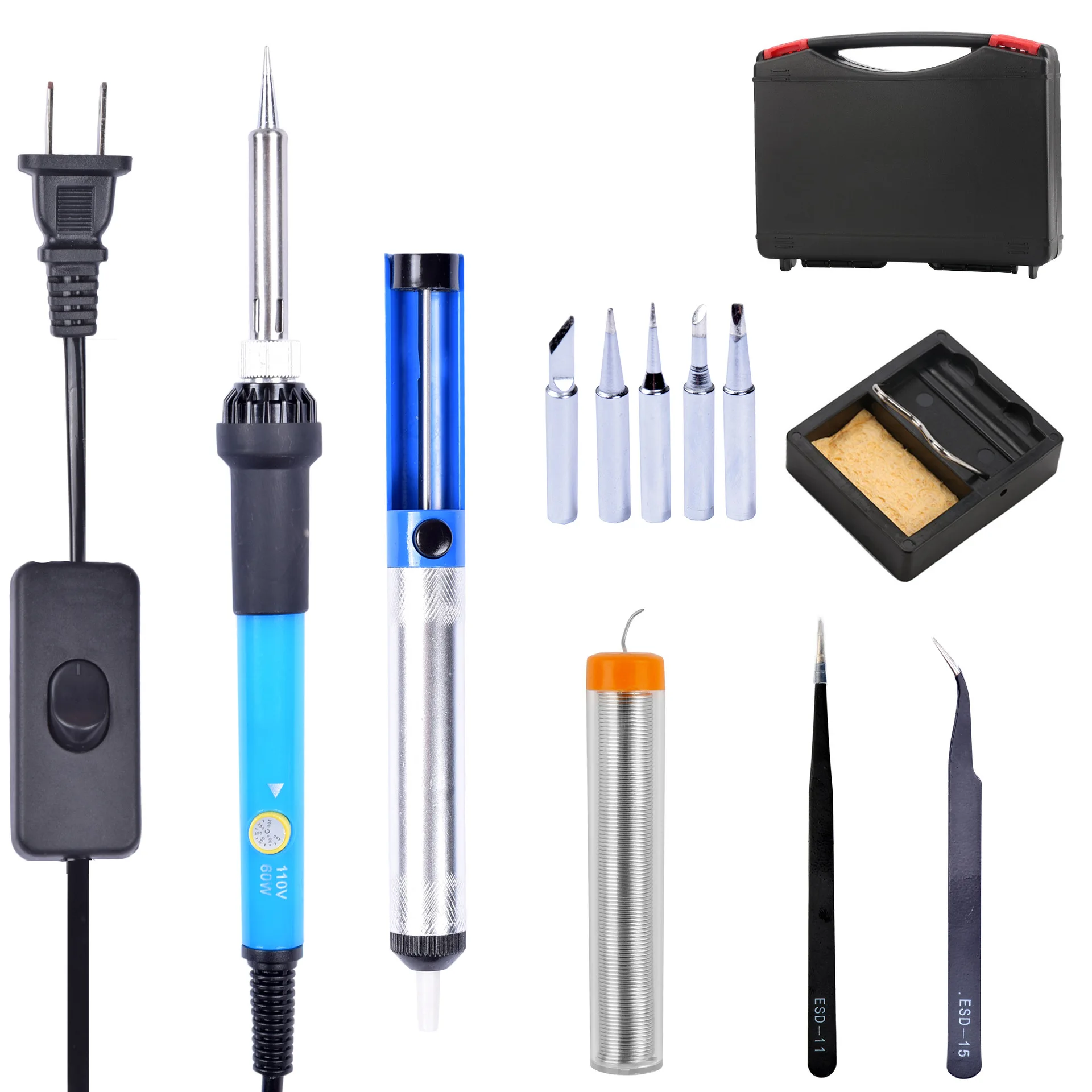 7 en 1 avec interrupteur, ensemble de fer à souder à température réglable, pincettes, outil de dessoudage, fil d'étain, boîte à outils