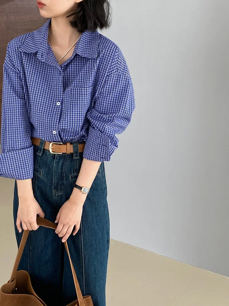 Early Autumn Vintage Blue Checkered Shirt for Women, Loose and Lazy Long Sleeved Top