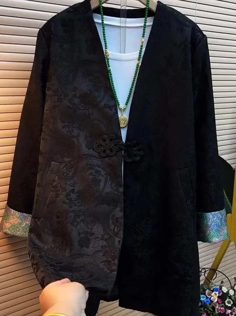 New Chinese Style Women Spring Jacquard Long Sleeved Jacket Medium To Long Length Covering The Belly And Buttocks Slim Versatile