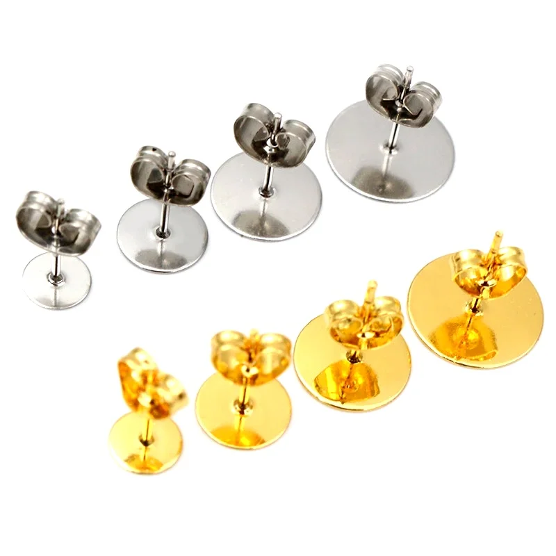 

50-100pcs/lot Gold Stainless Steel Earring Studs Blank Post Base Pins With Earring Plug Findings Ear Back For DIY Jewelry Making