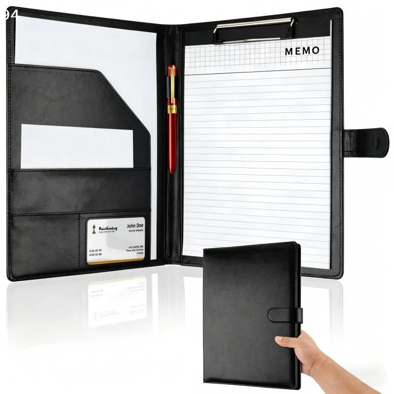 A4 Size Texture PU Leather Multi-Functional Business Folder With Clip Pen Holder And Card Slots For Office Sales Bank Meetings