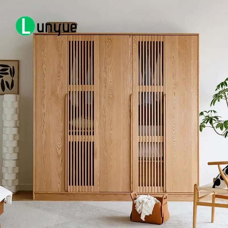 Nordic Large Wardrobe Oak Cherry Wood Modern Simple Japanese Log Style Bedroom All Solid Wood Furniture Storage Cabinet