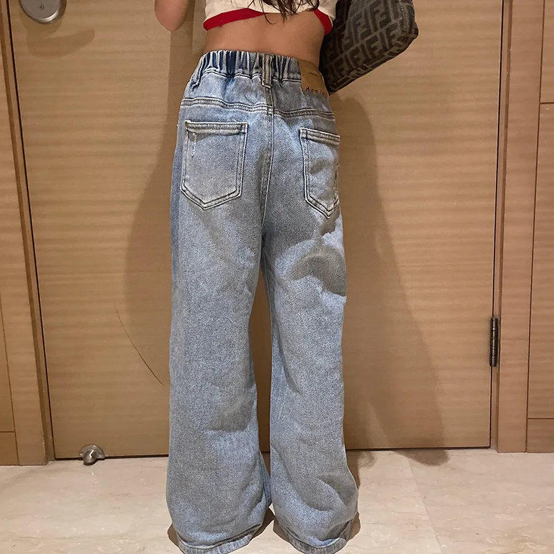 New Spring Girls Clothes Kids Straight Ripped Hole Loose Jeans Elastic Waist Trousers Child Teen Denim Wide Leg Pants miss