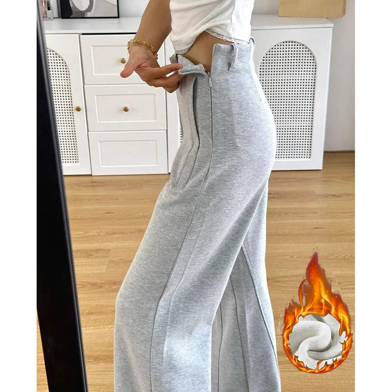 Winter Women Solid Fleece Thin Joggers Pants Girls High Waist Snow Warm Plush Trousers Lady Ins Fashion Thermal Sweatpants
