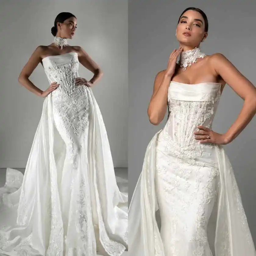 Crystal Gorgeous Customized Mermaid Wedding Dress With Appliques Strapless Floor-Length Princess Bridal Gowms Vestidos De Novia