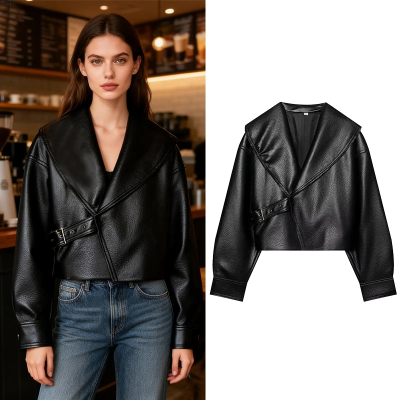 Women's Jackets Coats Fashion Buckle Faux Leather Jacket Autumn Winter Women Short Coats Streetwear Female Outerwear Chic Tops