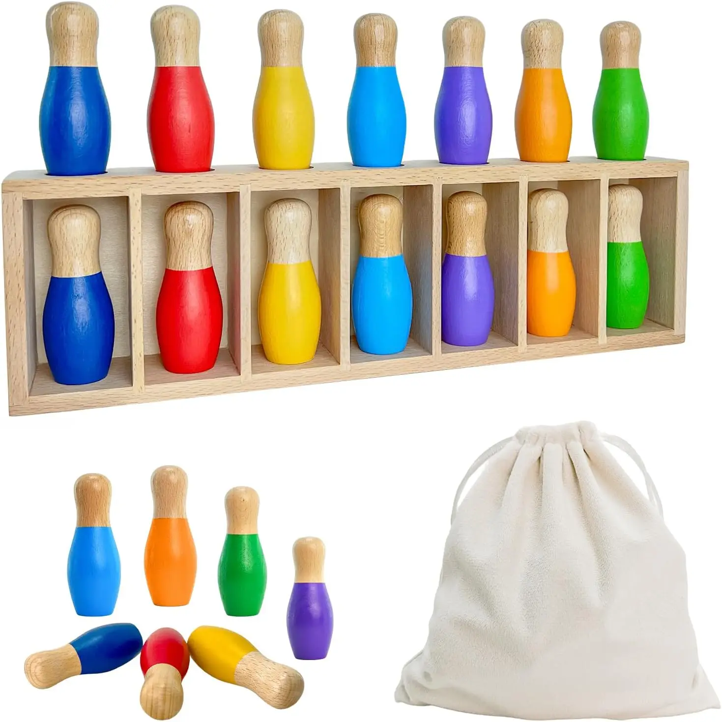 

Wooden Bowling Color Matching Game with 7 Pins and Storage Bag, Fun Family Board Games for Parties and Gifts