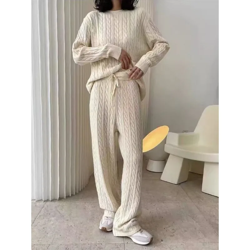 Fall Winter Casual Soft Knit O-neck Sweater Straight-leg Pants Loose-fitting Versatile Knit Two-piece Set Women Outfit Pants Set