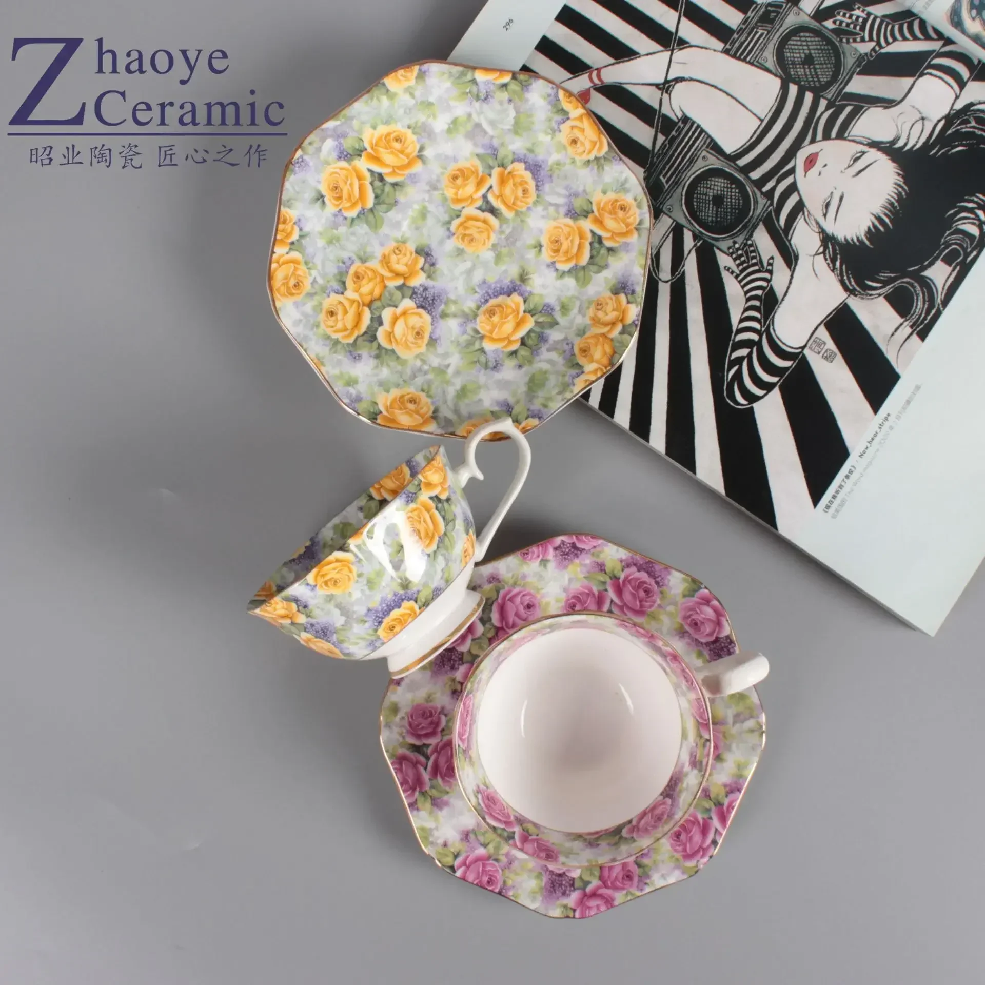 

European Coffee Cup Saucer Star Anise Cup British Afternoon Tea Flower Tea Cups Bone China Ceramic Cup Water Cups