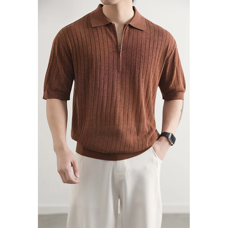 Men Breathable Lyocell Knit Clothes 2026 Summer Spring Trendy Knitting Polos Short Sleeve Zipper Tops Pullover Knitwear
