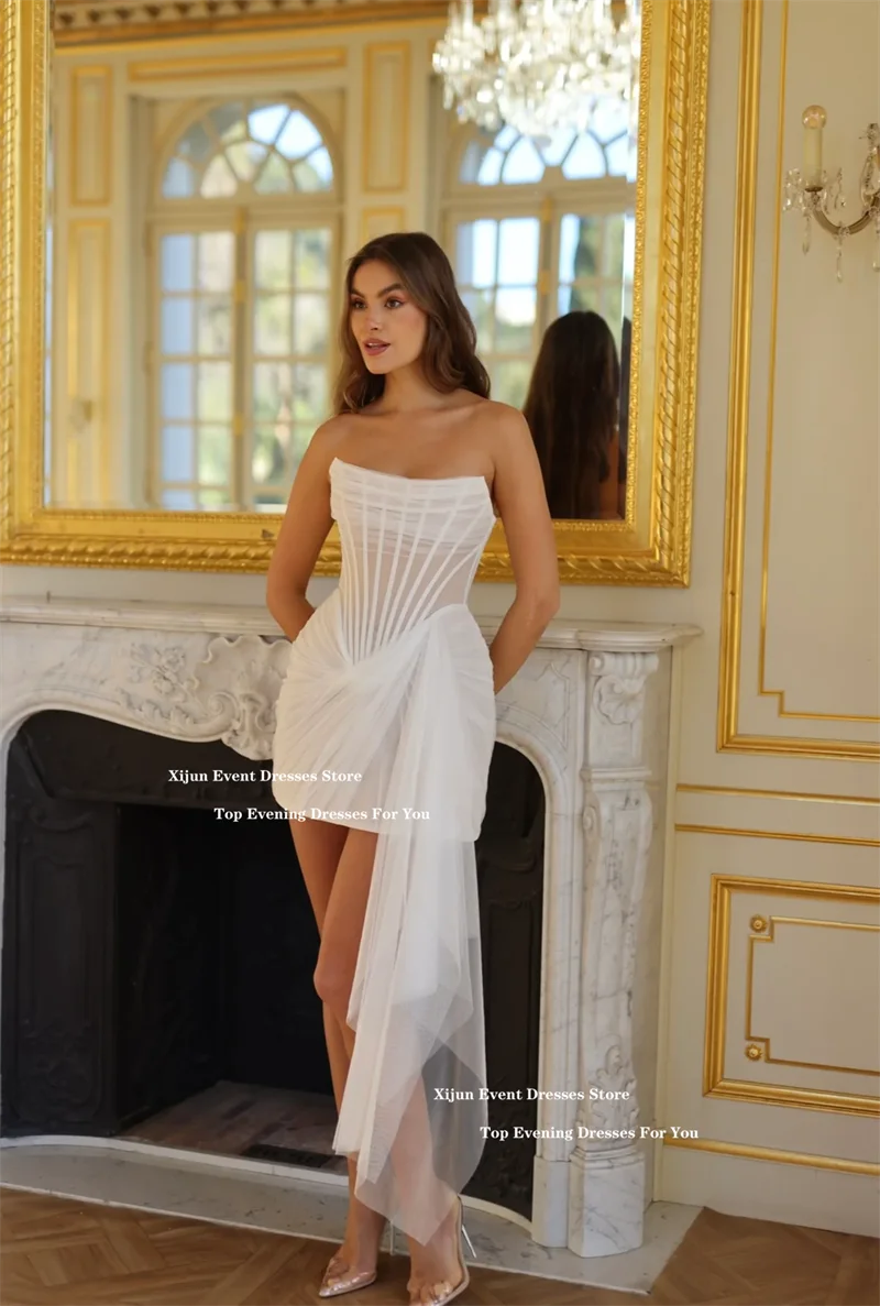 Xijun White Tulle Mini Wedding Dresses Sleeveless Pleats Corset Prom Gowns Formal Occasion Sexy Evening Dresses 2025 Customized