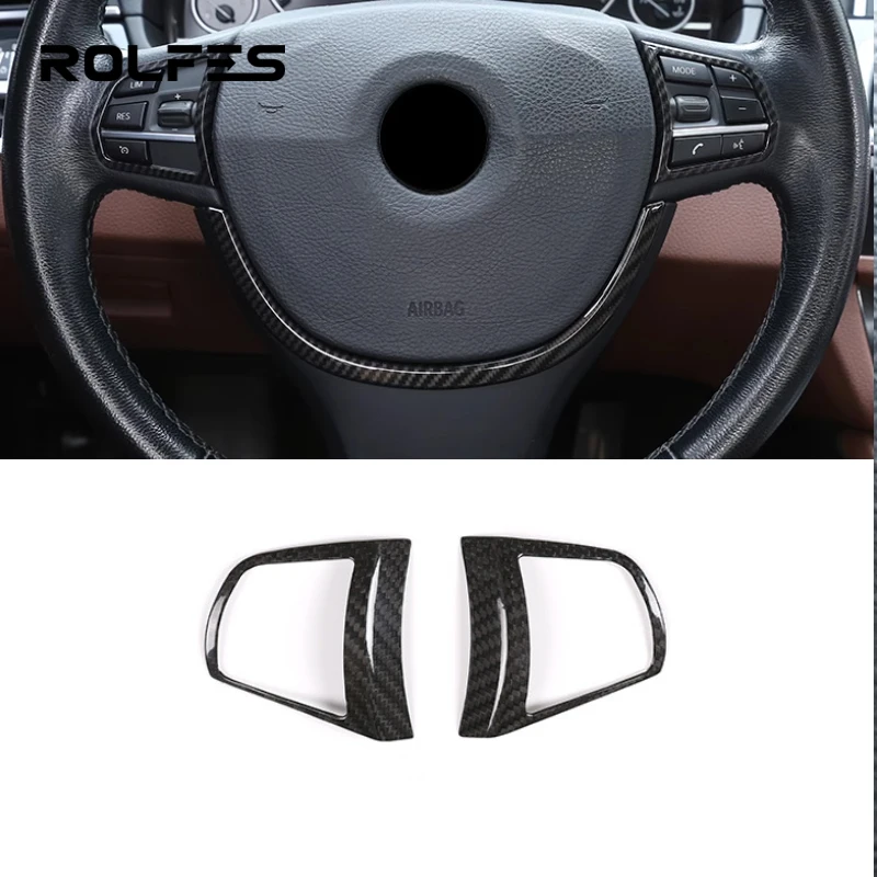 ROLFES For BMW 5 Series 2011-2017 Real Carbon Fiber Steering Wheel Button Panel Trim Cover Car Interior Decoration Sticker