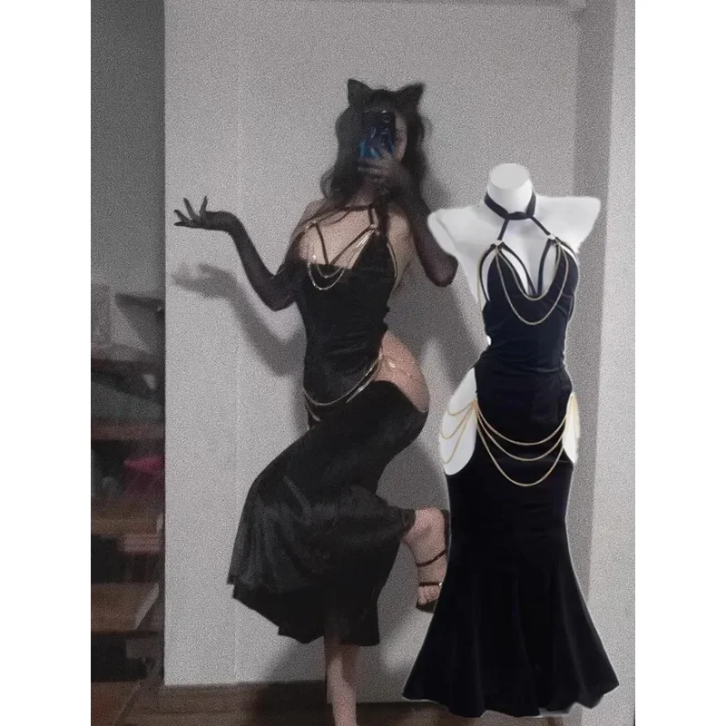 Disfraz de Ángel Sexy Negro con Halo y Peluca para Mujer, Vestido Largo para Halloween, Carnaval, Fiesta de Disfraces, Cosplay