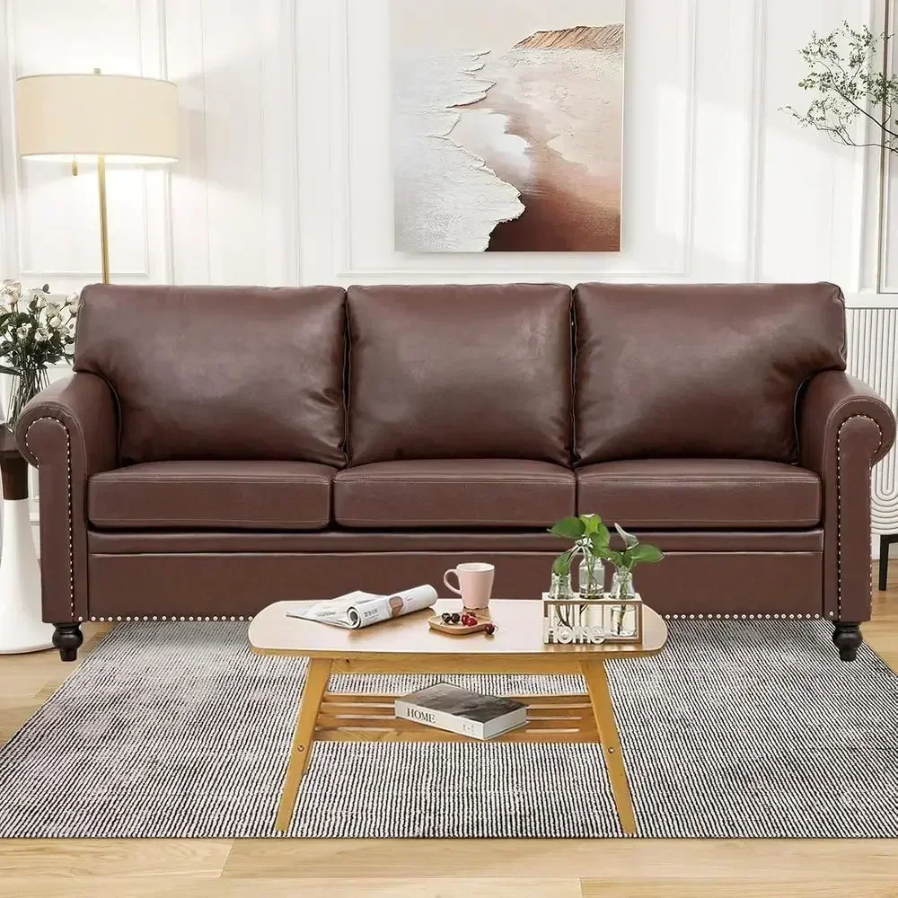 Mid-Century Modern 3-Seater Brown PU Leather Sofa with Rivet Rolled Arm for Living Room, Easy Assembly