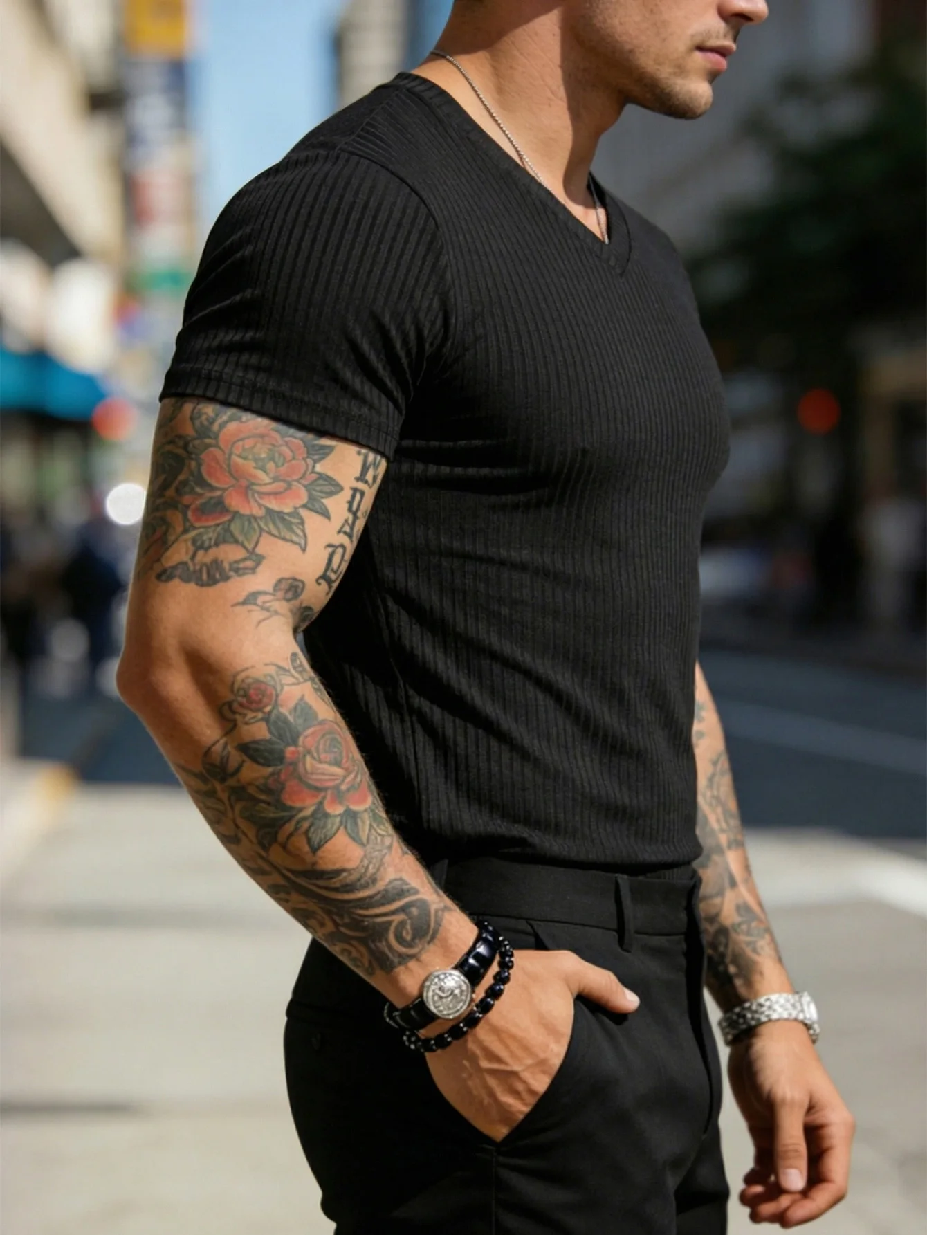 Men's Ribbed Knit V-Neck T-Shirt Slim Fit Muscle Tee High Stretch Gym Training Short Sleeve Tops Male Solid Color Fitness Vest