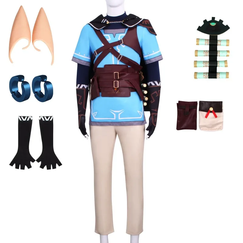 Link Tears of the Kingdom Cosplay Costume Blue and Green Tunic Trousers Belt Harness for Kids and Adults with Shoulder Strap