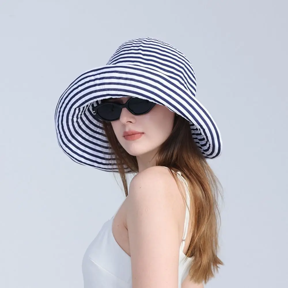 

Fashion Wide Brim Stripe Bucket Hat Anti-UV Visor Cap Sunscreen Hat Hiking Cap Korean Style Summer Sun Hats Camping