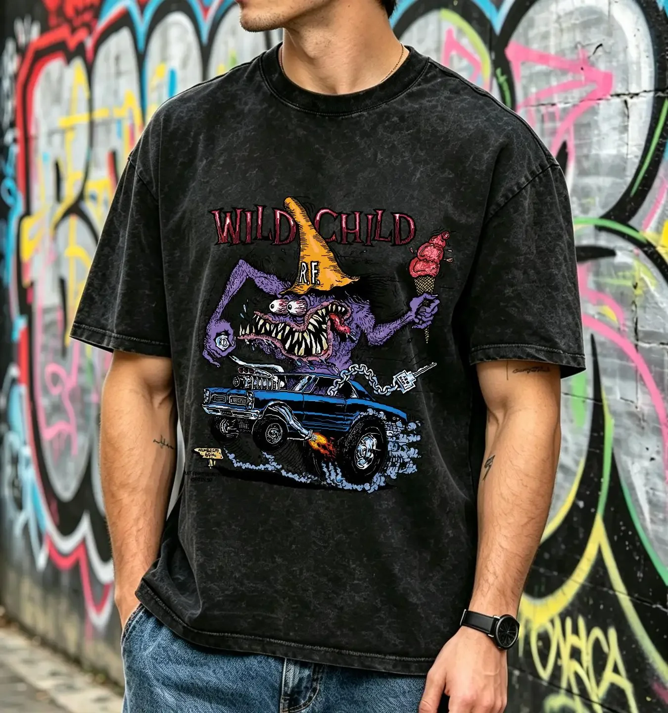 washed T Shirt Wild Child RatFink  White Print Front H1509 vintage Washed Soft Top For Everyday Wear Versatile graphic Stylish