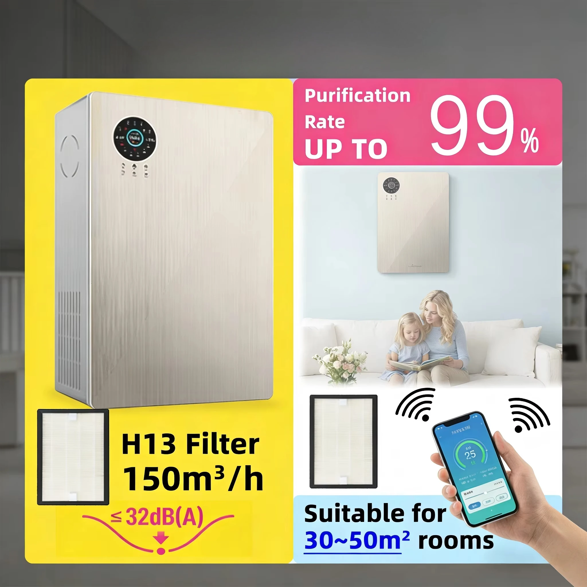 150m³/h WiFi Smart Ductless Fresh Air System Positive Pressure Ventilator H13 HEPA Air Purifier for Home Small Room Bedroom