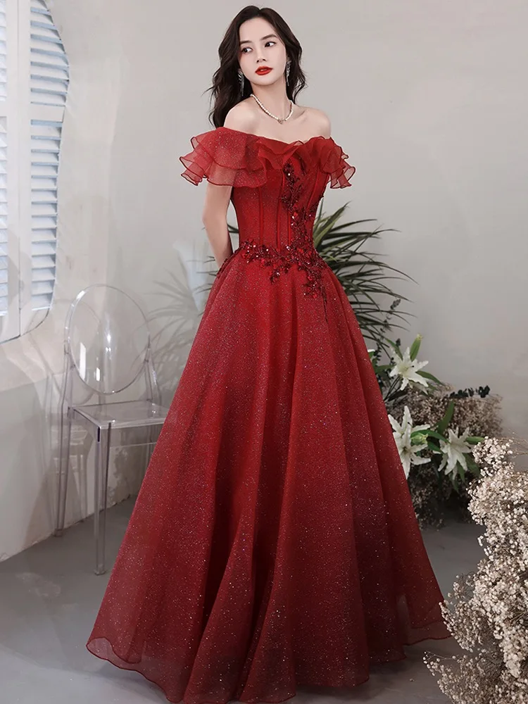 

Shiny Wine Red Prom Dresses Off Shoulder A-line Beaded Pleat Puff Sleeve Wedding Celebrity Formal Graduation Dance Evening Gowns