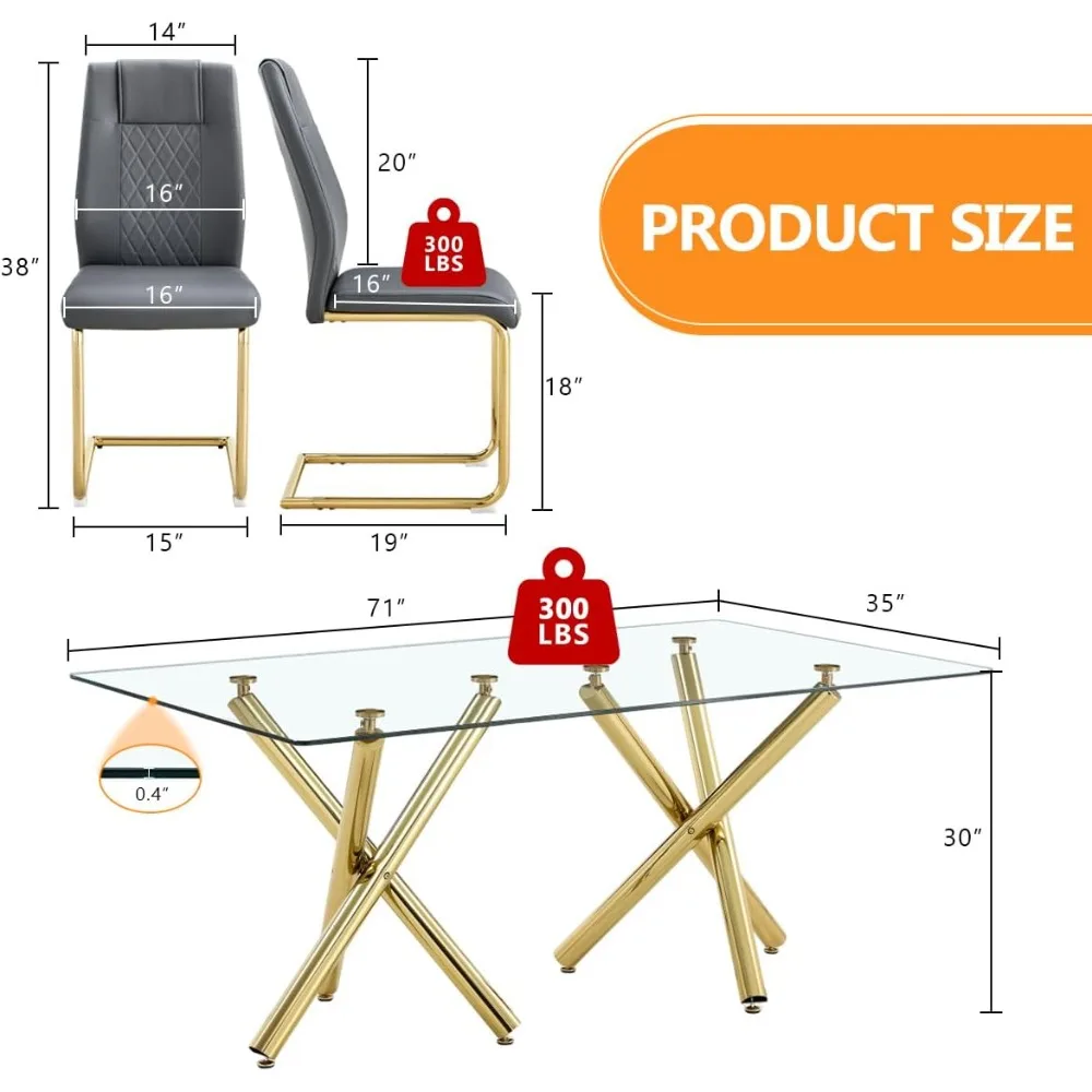 Glass Dining Table Set for 6,71” Dining Room Table Set for 6,Large Rectangular Tempered Glass Table and 6 PU Leather Chairs