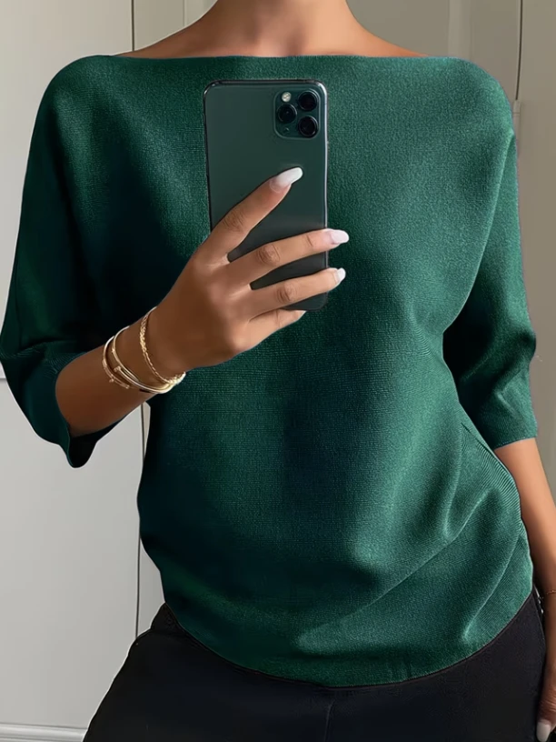 Ladies Six-Quarter Sleeve Knitted Sweater Elegant Large Collar Versatile Solid Color Spring Summer Autumn Knitted Overhead Top